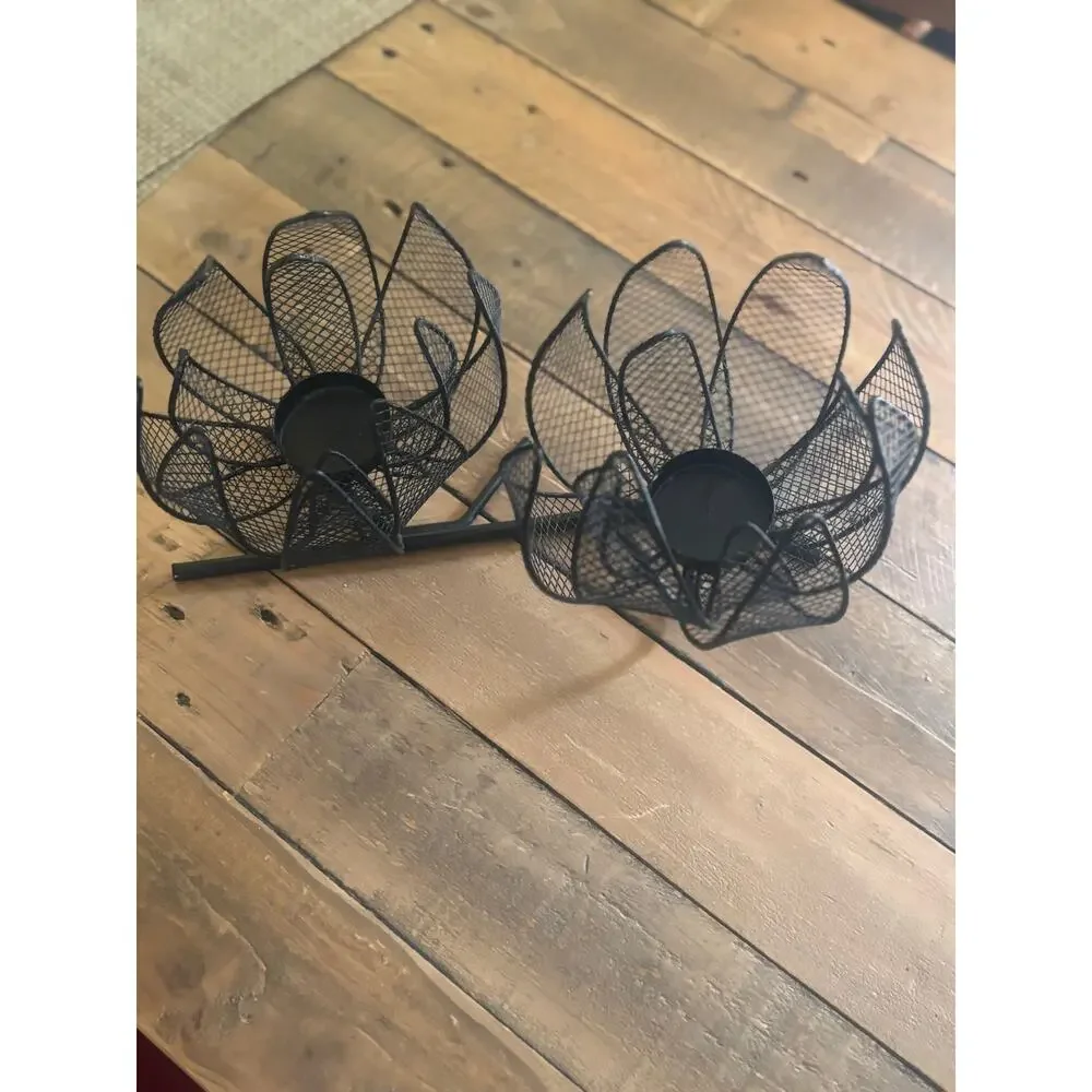 Black Metal Wire Lotus Flower Double Tealight Candle Holder – Centerpiece